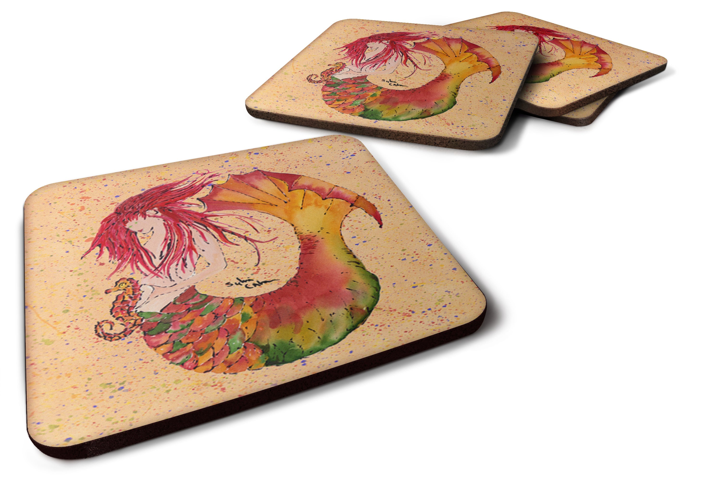 Red Headed Ginger Mermaid on Coral Foam Coasters Set of 4 Cup Coasters for Indoor Outdoor, Tabletop Protection, Anti Slip, Mouse pad Material