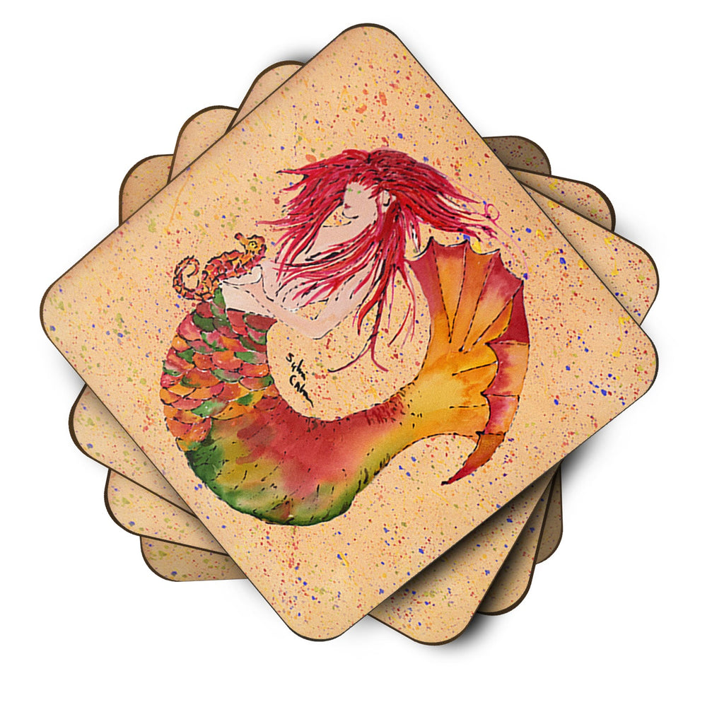 Red Headed Ginger Mermaid on Coral Foam Coasters Set of 4 Cup Coasters for Indoor Outdoor, Tabletop Protection, Anti Slip, Mouse pad Material