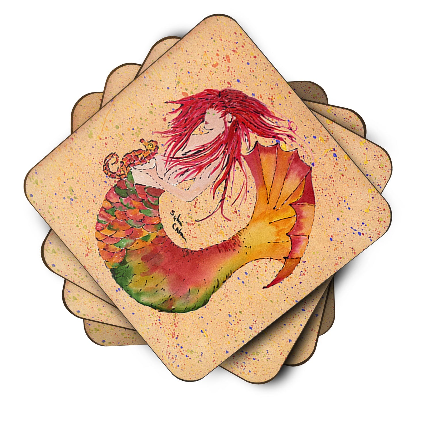 Red Headed Ginger Mermaid on Coral Foam Coasters Set of 4 Cup Coasters for Indoor Outdoor, Tabletop Protection, Anti Slip, Mouse pad Material