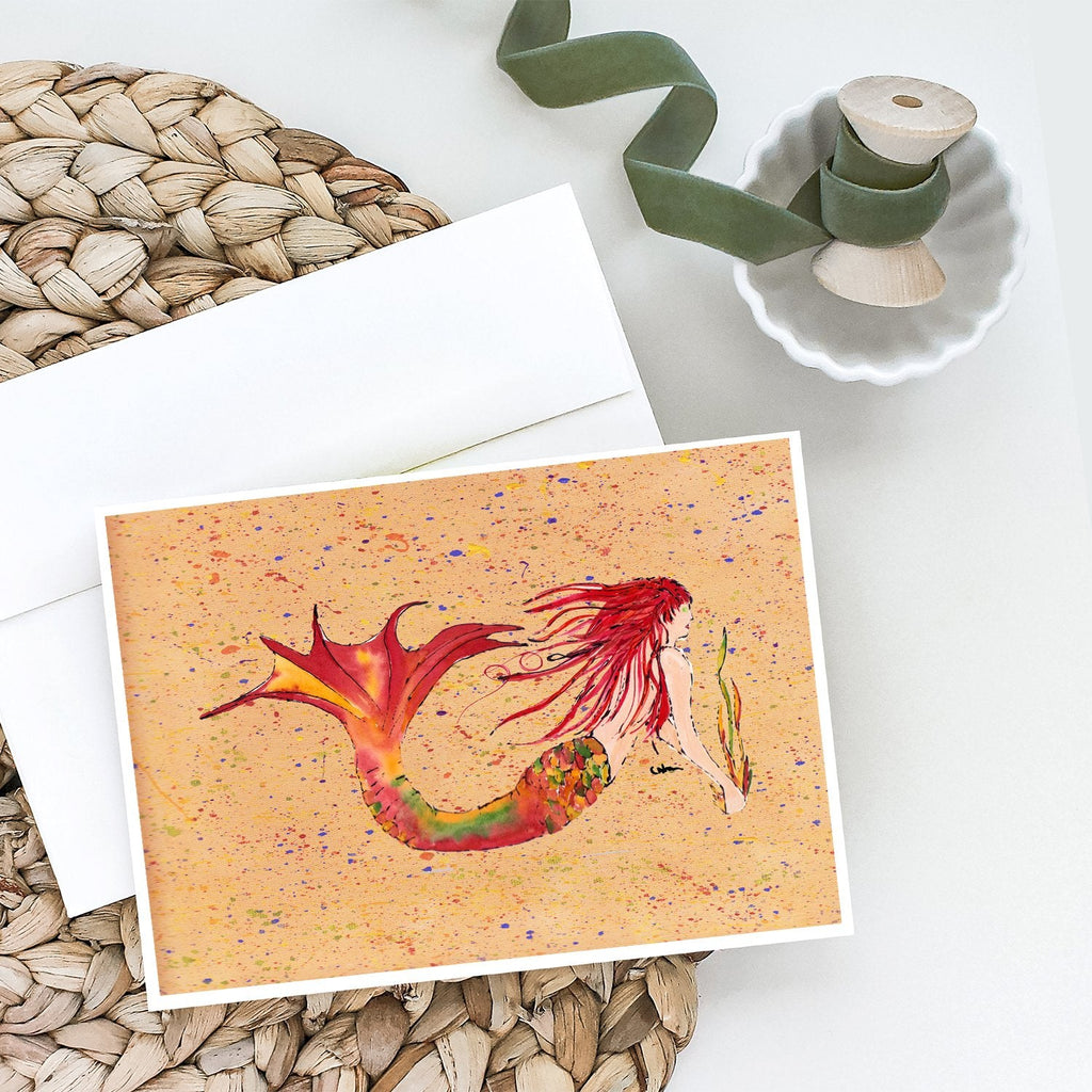 Red Headed Ginger Mermaid on Coral Greeting Cards Pack of 8 Blank Cards with Envelopes Whimsical A7 Size 5x7