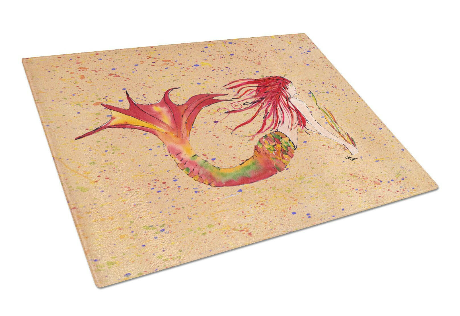 Red Headed Ginger Mermaid on Coral Cutting Board Tempered Glass Kitchen Cutting Surface, Heat Resistant Chopping, Non-Slip Feet, Food Prep & Serving