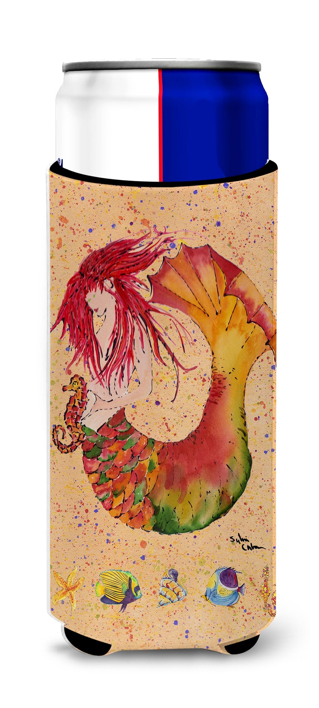 Red Headed Ginger Mermaid on Coral Slim Can Hugger , Insulated Foam Hugger for 12 oz Slim Cans, Beer Bottles & Water Bottles, Printed in USA