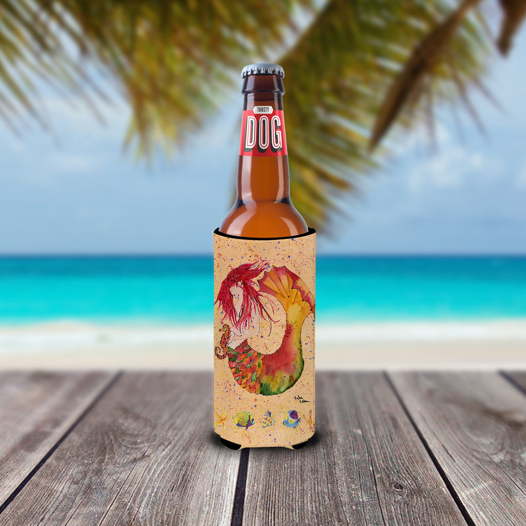 Red Headed Ginger Mermaid on Coral Slim Can Hugger , Insulated Foam Hugger for 12 oz Slim Cans, Beer Bottles & Water Bottles, Printed in USA
