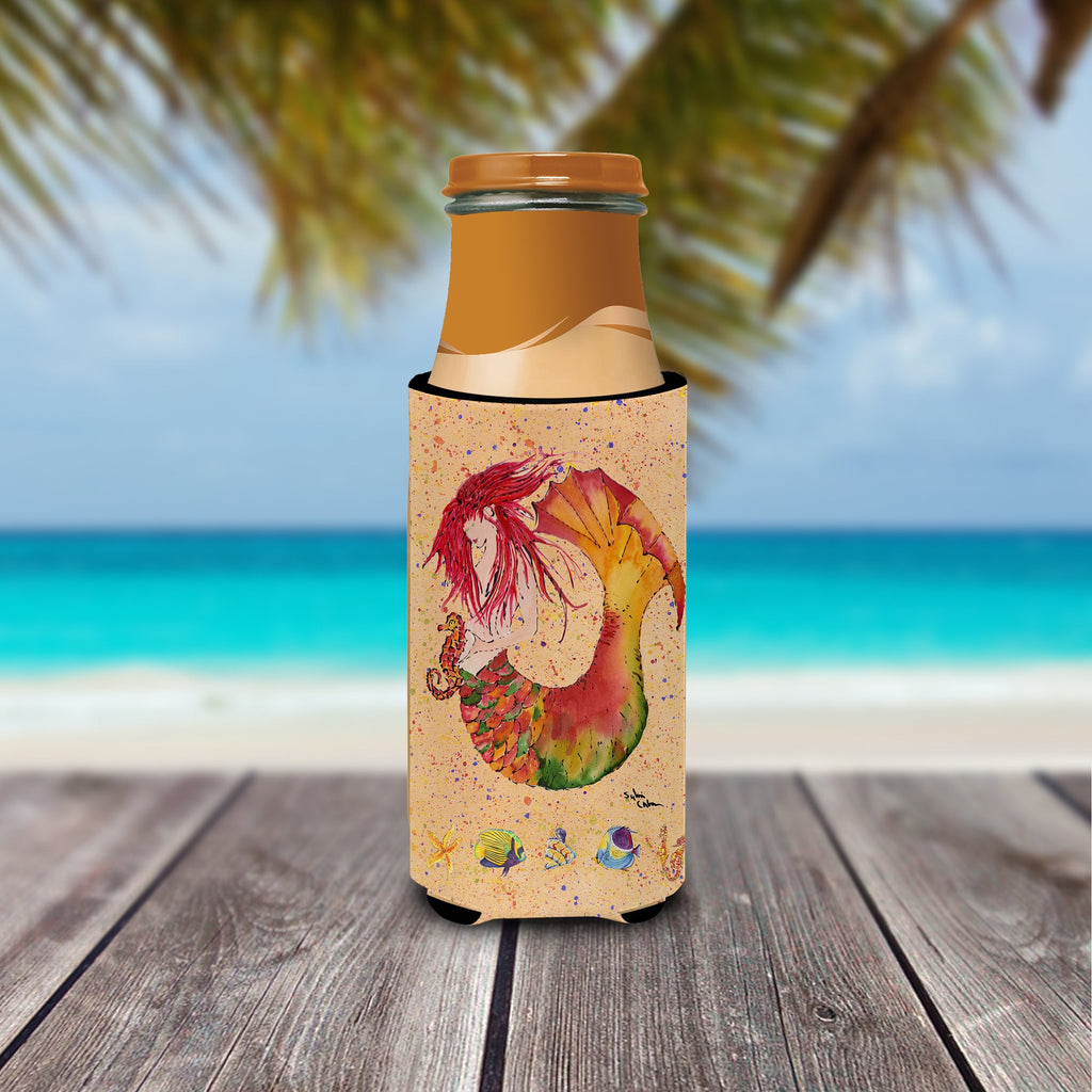 Red Headed Ginger Mermaid on Coral Slim Can Hugger , Insulated Foam Hugger for 12 oz Slim Cans, Beer Bottles & Water Bottles, Printed in USA
