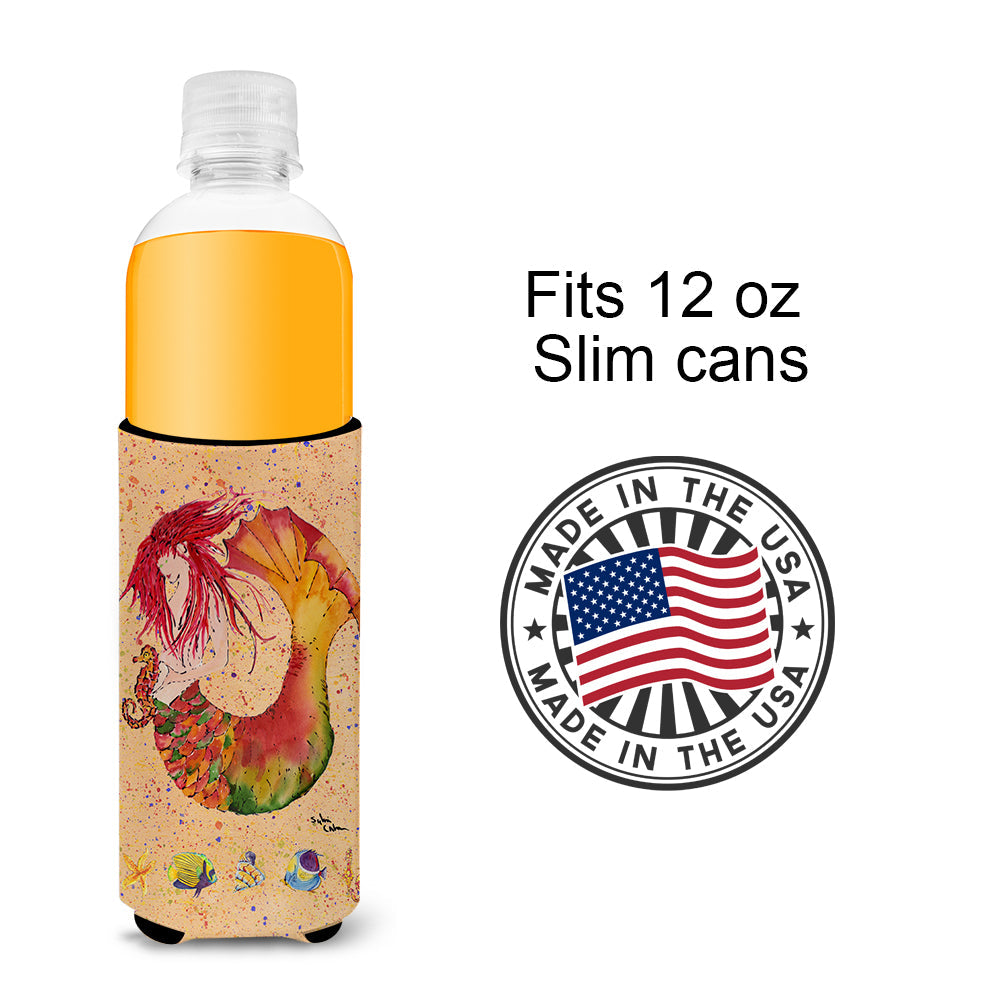 Red Headed Ginger Mermaid on Coral Slim Can Hugger , Insulated Foam Hugger for 12 oz Slim Cans, Beer Bottles & Water Bottles, Printed in USA