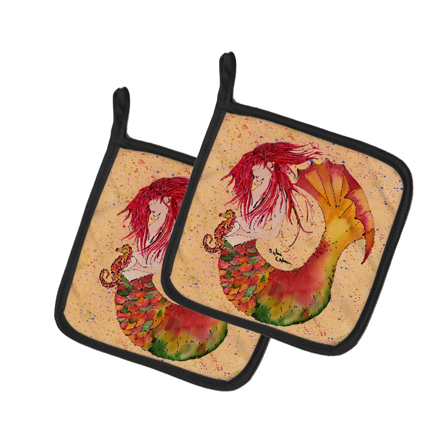 Red Headed Ginger Mermaid on Coral Pot Holder Set of 2 Heat Resistant Quilted Hot Pads 7.5 x 7.5 Inch, Insulated Kitchen Trivets for Cooking & Baking