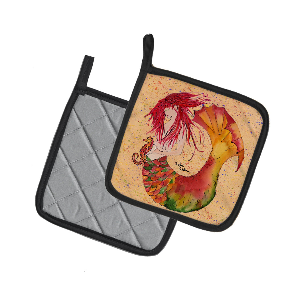 Red Headed Ginger Mermaid on Coral Pot Holder Set of 2 Heat Resistant Quilted Hot Pads 7.5 x 7.5 Inch, Insulated Kitchen Trivets for Cooking & Baking