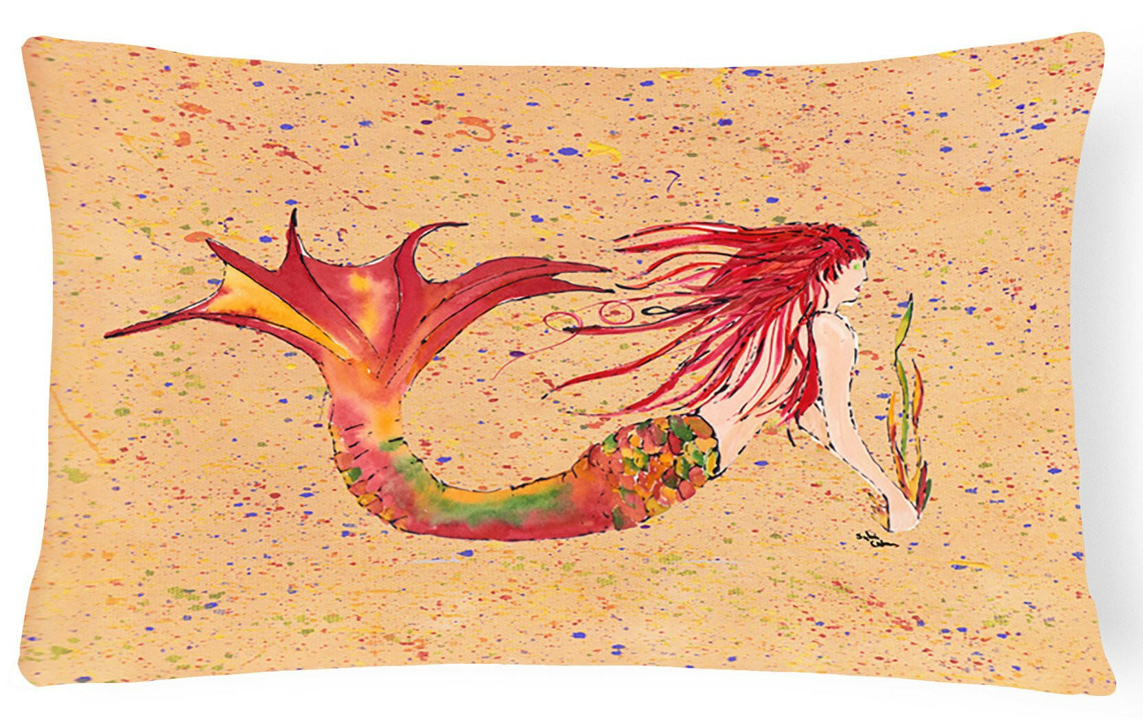 Red Headed Ginger Mermaid on Coral Decorative Throw Pillow 12x16 Indoor Outdoor Accent Cushion, Fabric Cover with Insert for Sofa, Bed, Porch & Living Room