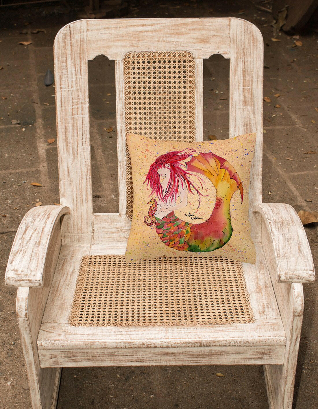 Red Headed Ginger Mermaid on Coral Decorative Throw Pillow 14x14 Indoor Outdoor Accent Cushion, Fabric Cover with Insert for Sofa, Bed, Porch & Living Room