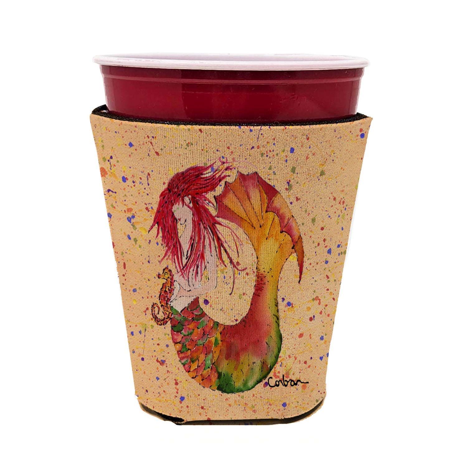 Red Headed Ginger Mermaid on Coral Red Cup Hugger Sleeve for 16–22 oz Party Cups, Insulated Foam Drink Holder for Iced Coffee, Tailgate & BBQ Reusable