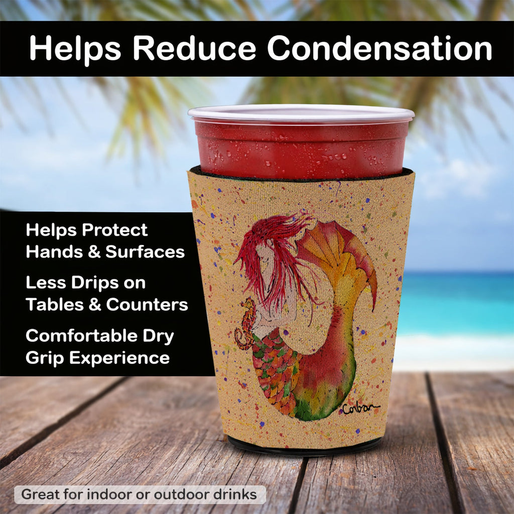 Red Headed Ginger Mermaid on Coral Red Cup Hugger Sleeve for 16–22 oz Party Cups, Insulated Foam Drink Holder for Iced Coffee, Tailgate & BBQ Reusable