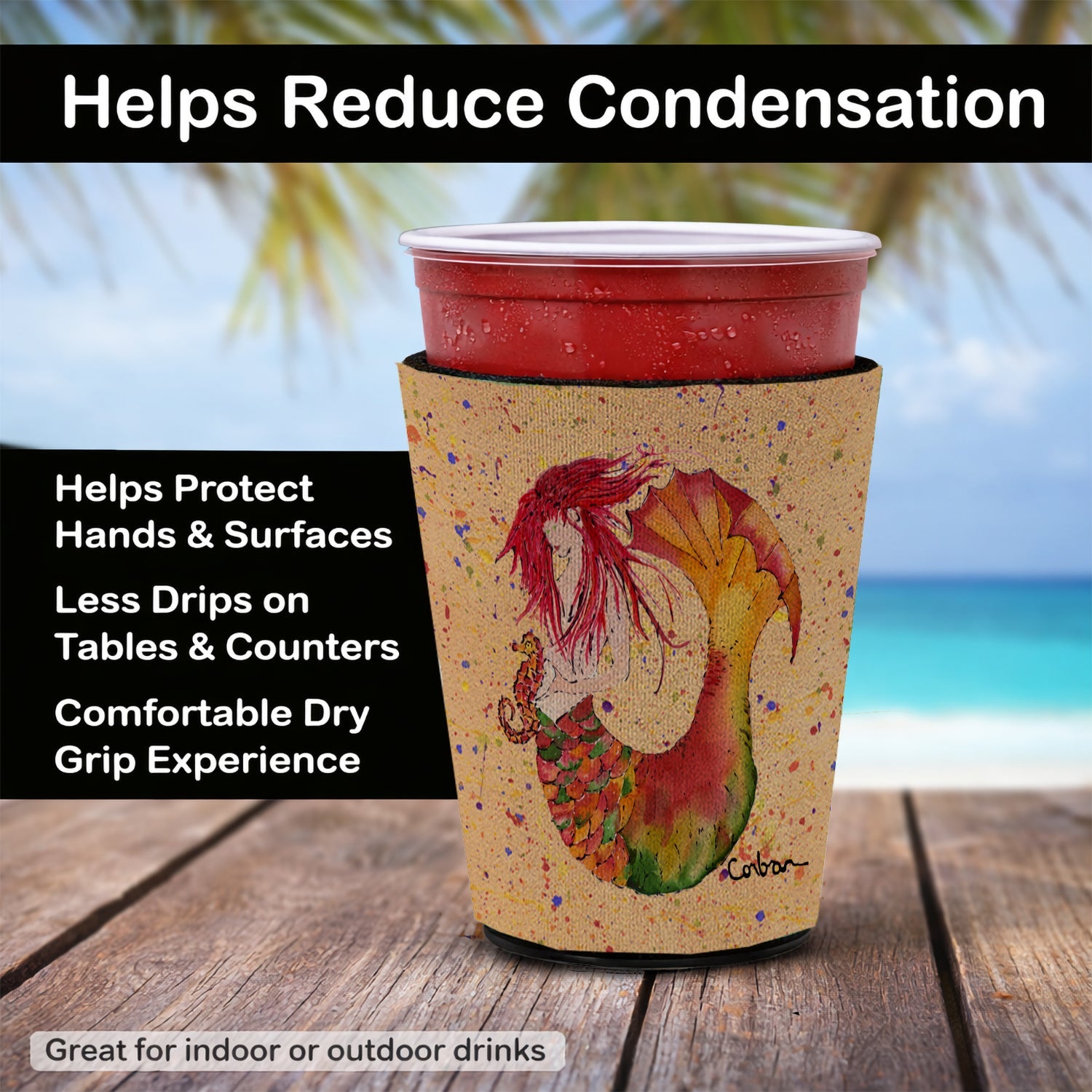 Red Headed Ginger Mermaid on Coral Red Cup Hugger Sleeve for 16–22 oz Party Cups, Insulated Foam Drink Holder for Iced Coffee, Tailgate & BBQ Reusable