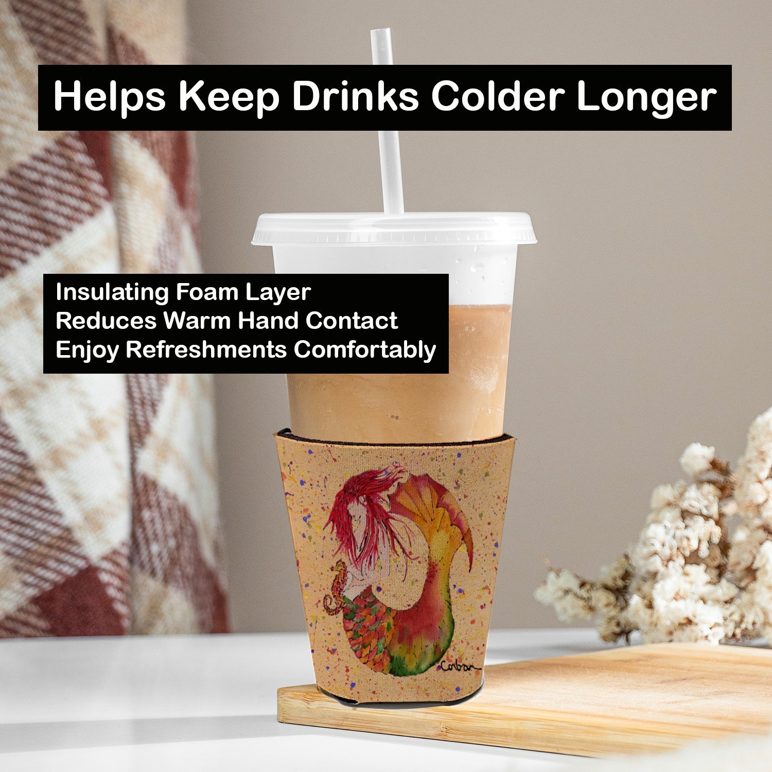 Red Headed Ginger Mermaid on Coral Red Cup Hugger Sleeve for 16–22 oz Party Cups, Insulated Foam Drink Holder for Iced Coffee, Tailgate & BBQ Reusable
