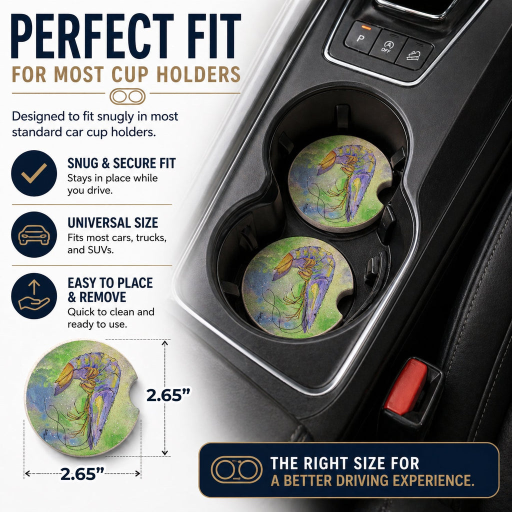 Shrimp Set of 2 Cup Holder Car Coasters Absorbent Round Sandstone Coasters Gifts for Men or Women, 2.5, Multicolor