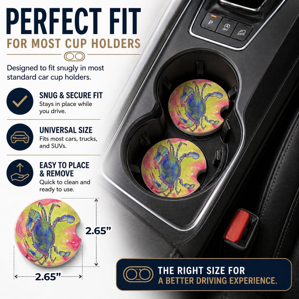 Blue Crab Bright Pink and Green Set of 2 Cup Holder Car Coasters Absorbent Round Sandstone Coasters Gifts for Men or Women, 2.5, Multicolor