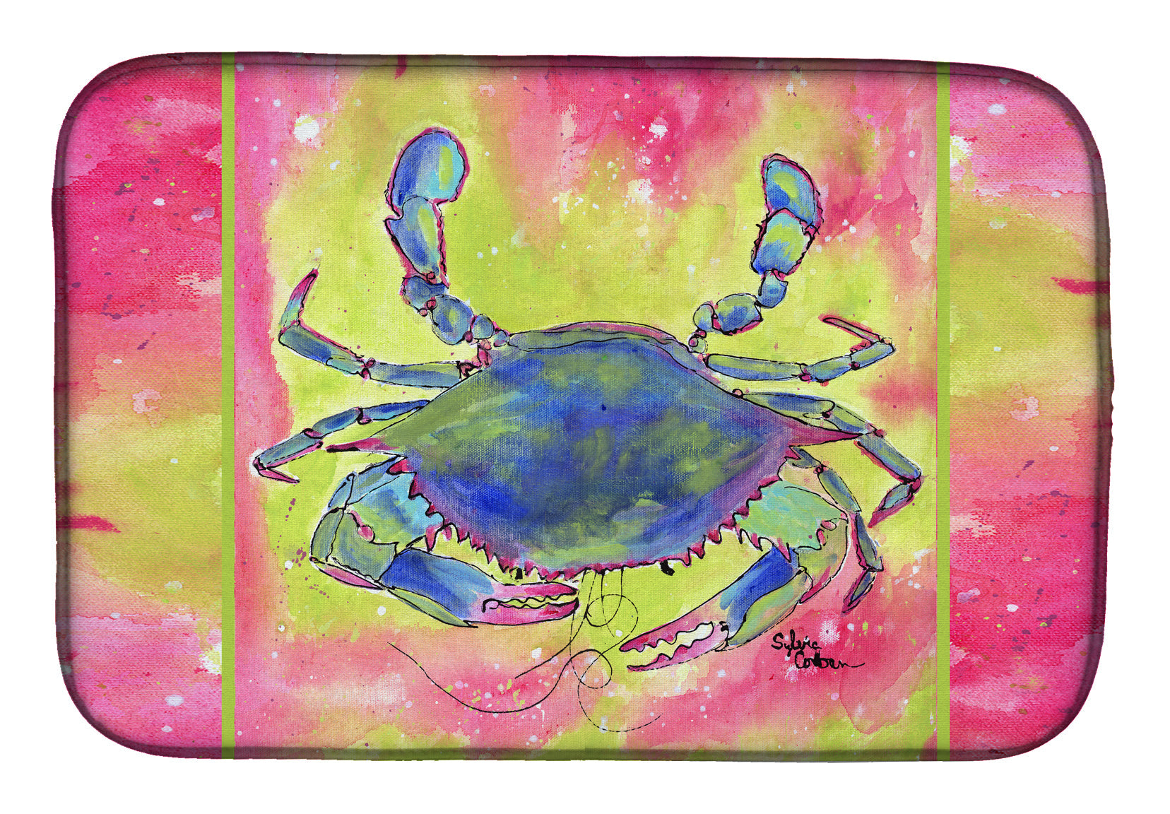 Blue Crab Bright Pink and Green Dish Drying Mat Absorbent Dish Drying Mat Pad for Kitchen Counter Dish Drainer Mat for Countertop, 14 x 21", Multicolor