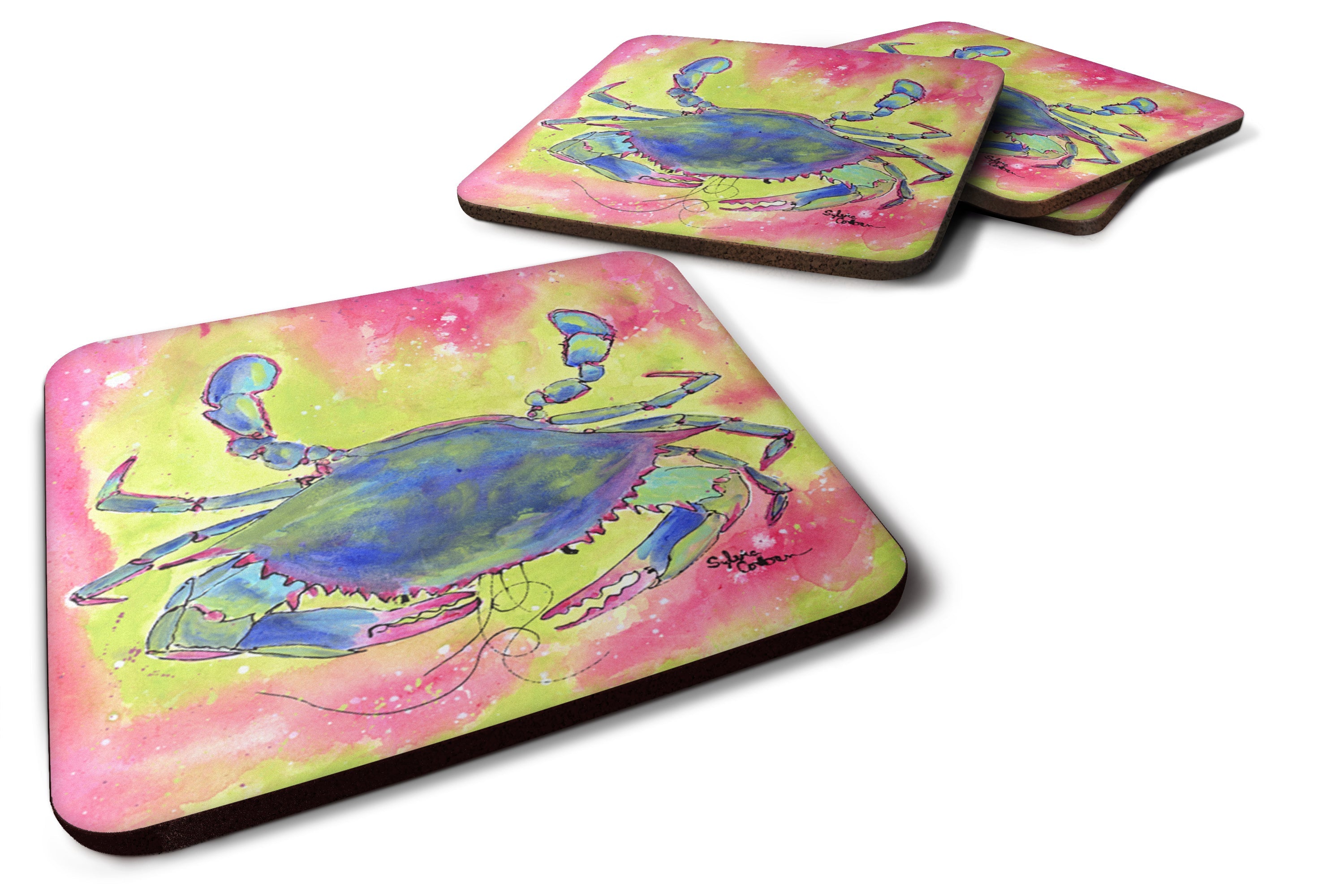 Blue Crab Bright Pink and Green Foam Coasters Set of 4 Cup Coasters for Indoor Outdoor, Tabletop Protection, Anti Slip, Mouse pad Material