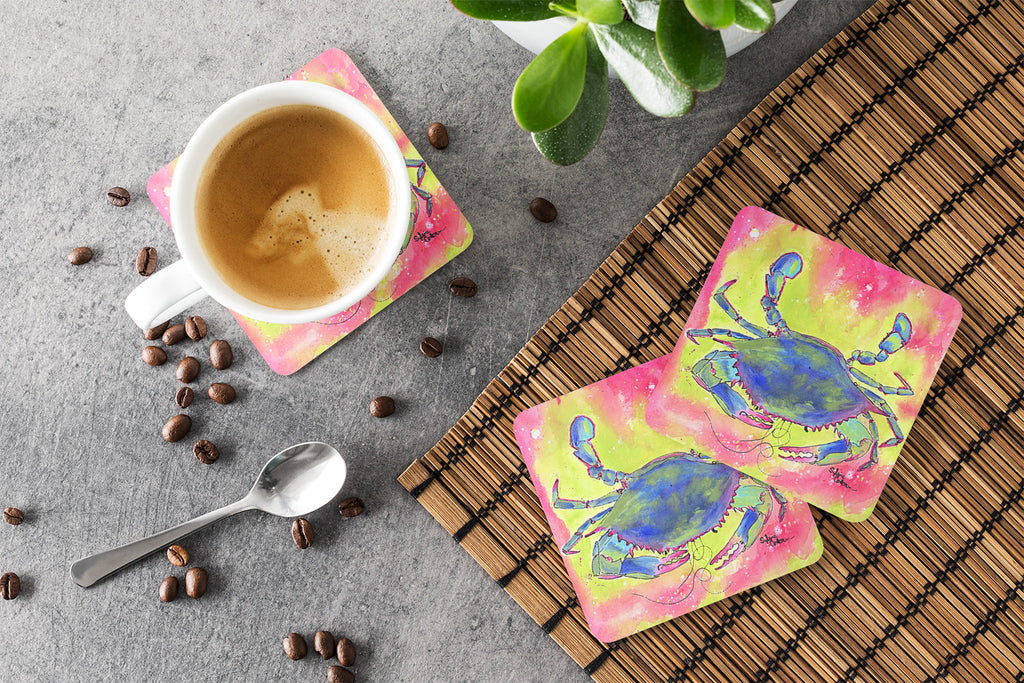 Blue Crab Bright Pink and Green Foam Coasters Set of 4 Cup Coasters for Indoor Outdoor, Tabletop Protection, Anti Slip, Mouse pad Material