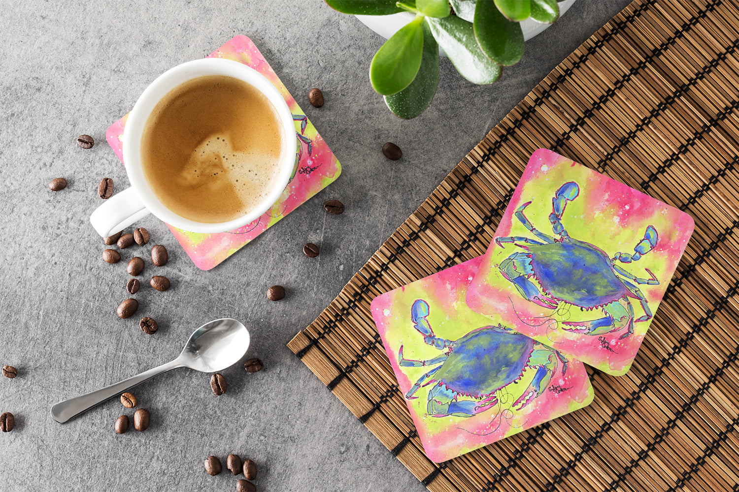 Blue Crab Bright Pink and Green Foam Coasters Set of 4 Cup Coasters for Indoor Outdoor, Tabletop Protection, Anti Slip, Mouse pad Material