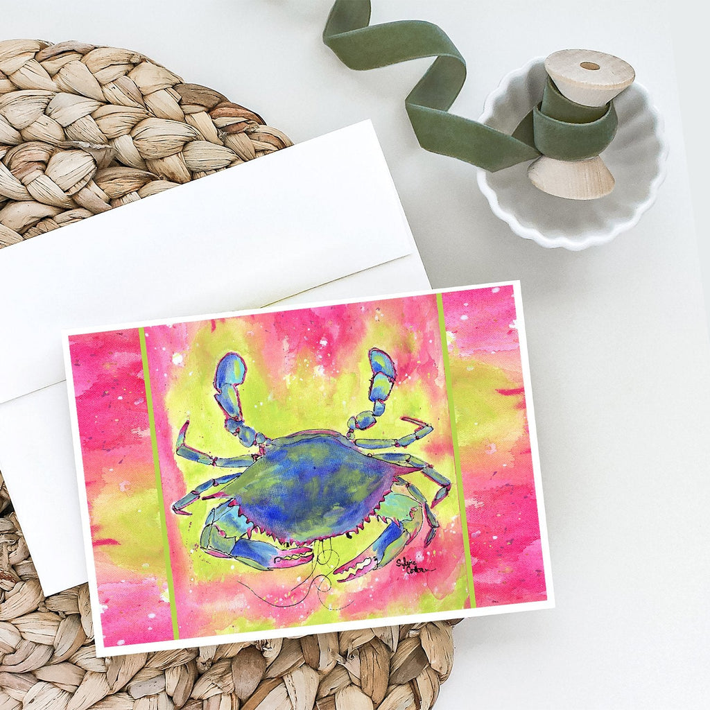 Blue Crab Bright Pink and Green Greeting Cards Pack of 8 Blank Cards with Envelopes Whimsical A7 Size 5x7