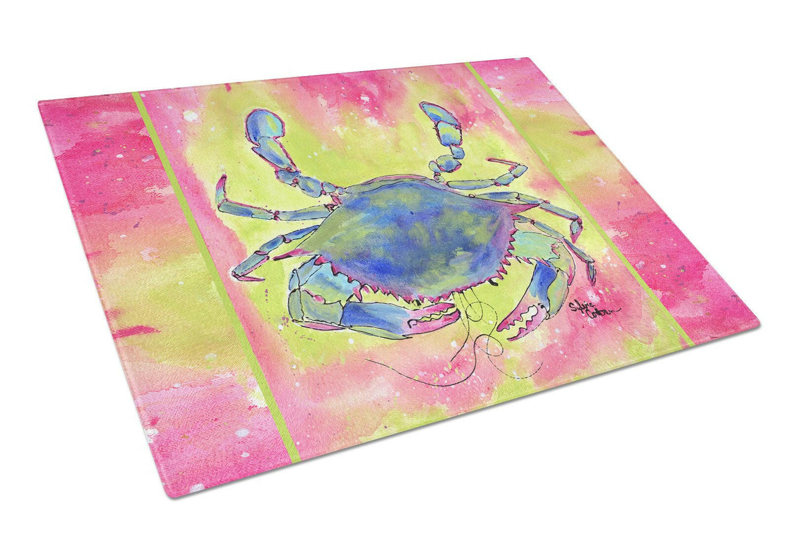 Blue Crab Bright Pink and Green Cutting Board Tempered Glass Kitchen Cutting Surface, Heat Resistant Chopping, Non-Slip Feet, Food Prep & Serving