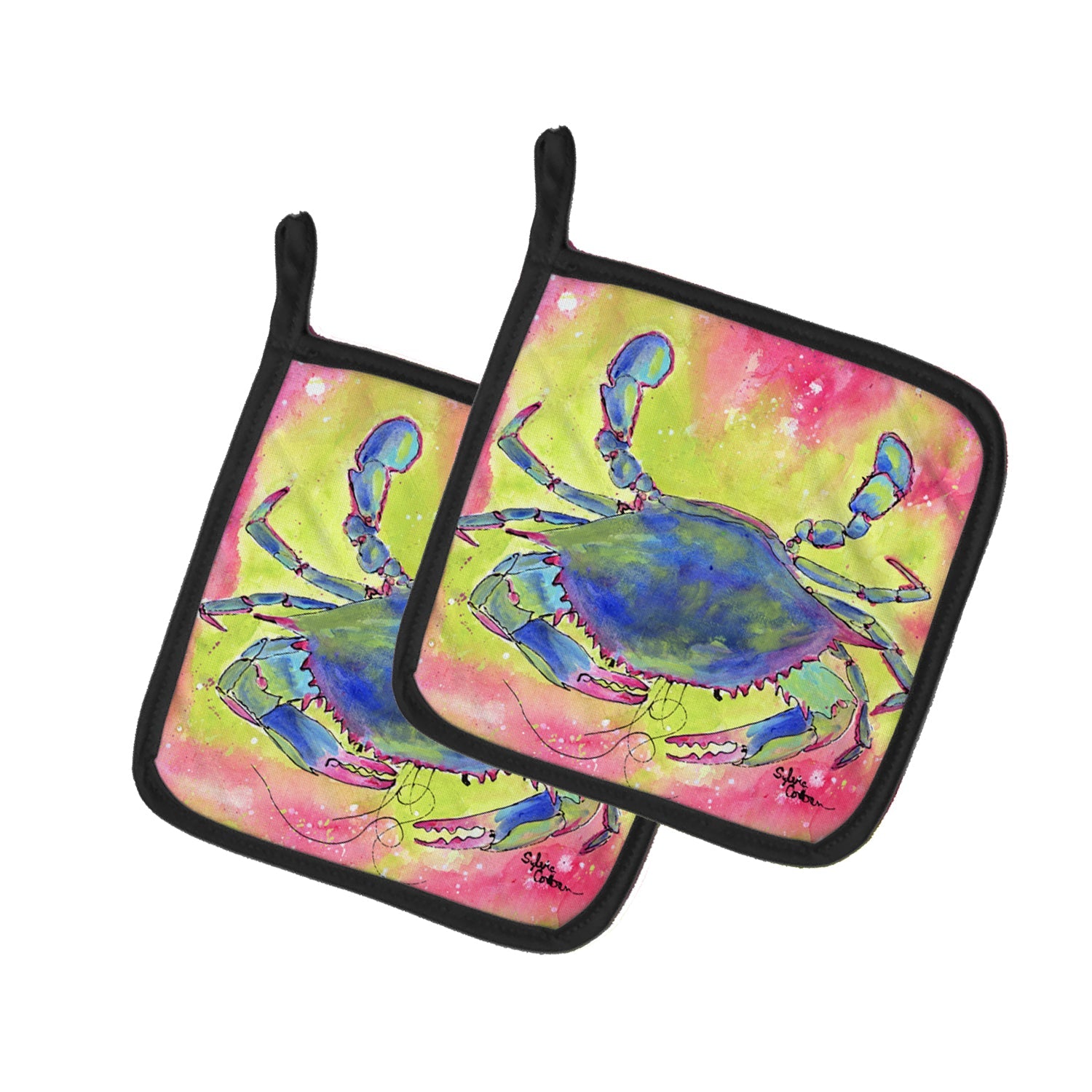 Blue Crab Bright Pink and Green Pot Holder Set of 2 Heat Resistant Quilted Hot Pads 7.5 x 7.5 Inch, Insulated Kitchen Trivets for Cooking & Baking