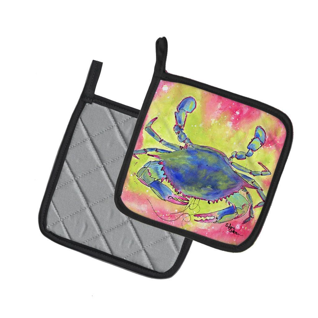 Blue Crab Bright Pink and Green Pot Holder Set of 2 Heat Resistant Quilted Hot Pads 7.5 x 7.5 Inch, Insulated Kitchen Trivets for Cooking & Baking