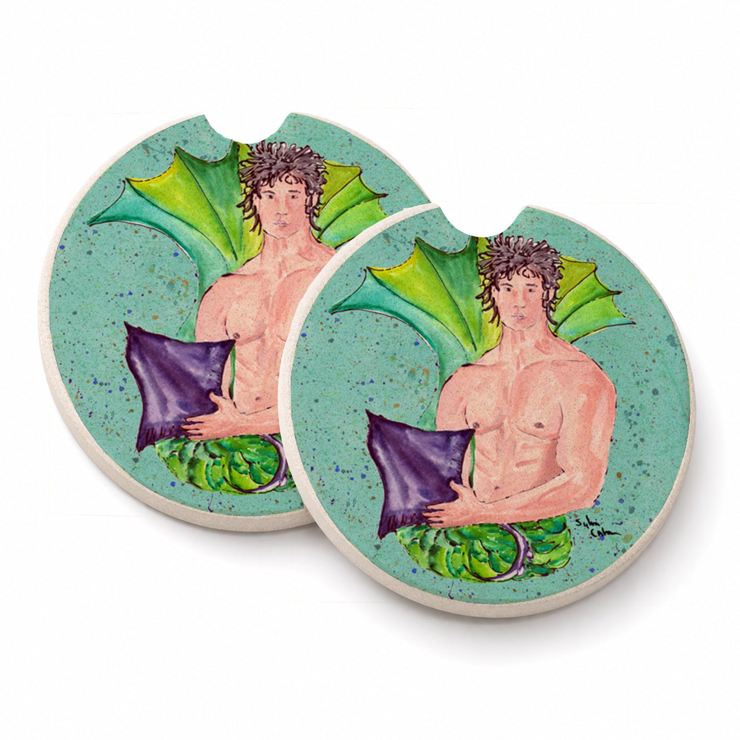 Black Haired Merman Set of 2 Cup Holder Car Coasters Absorbent Round Sandstone Coasters Gifts for Men or Women, 2.5, Multicolor