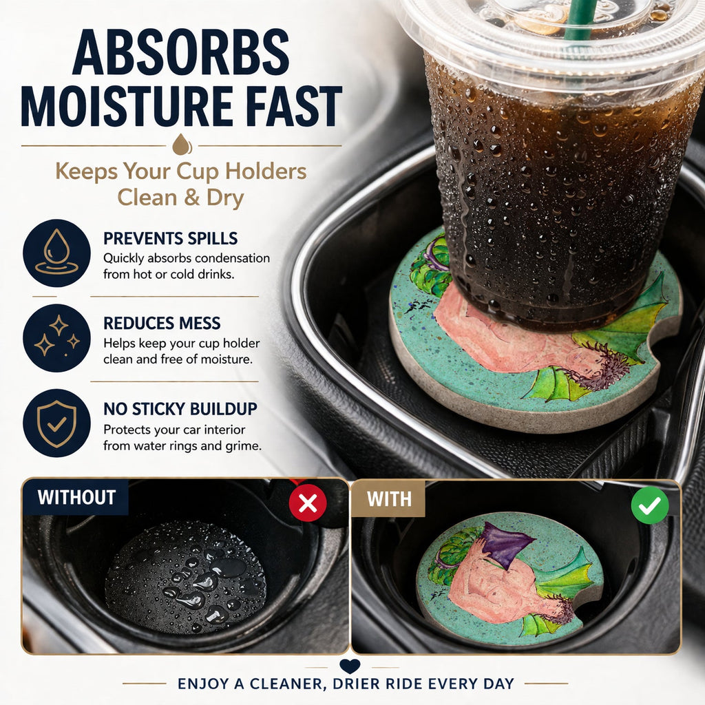 Black Haired Merman Set of 2 Cup Holder Car Coasters Absorbent Round Sandstone Coasters Gifts for Men or Women, 2.5, Multicolor