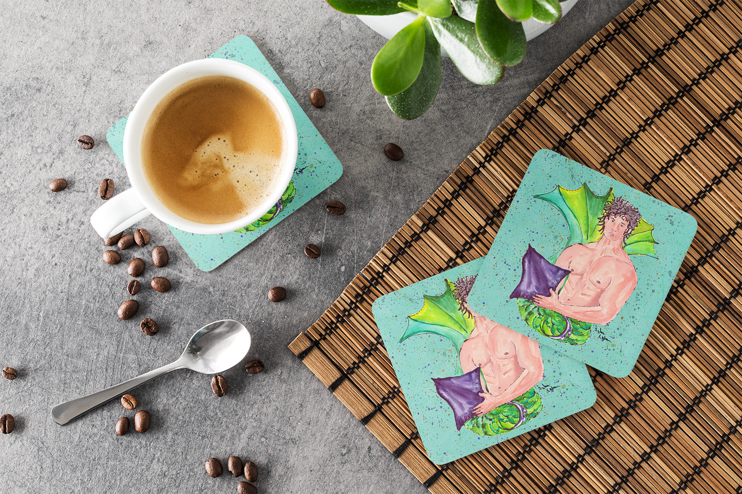 Black Haired Merman Foam Coasters Set of 4 Cup Coasters for Indoor Outdoor, Tabletop Protection, Anti Slip, Mouse pad Material