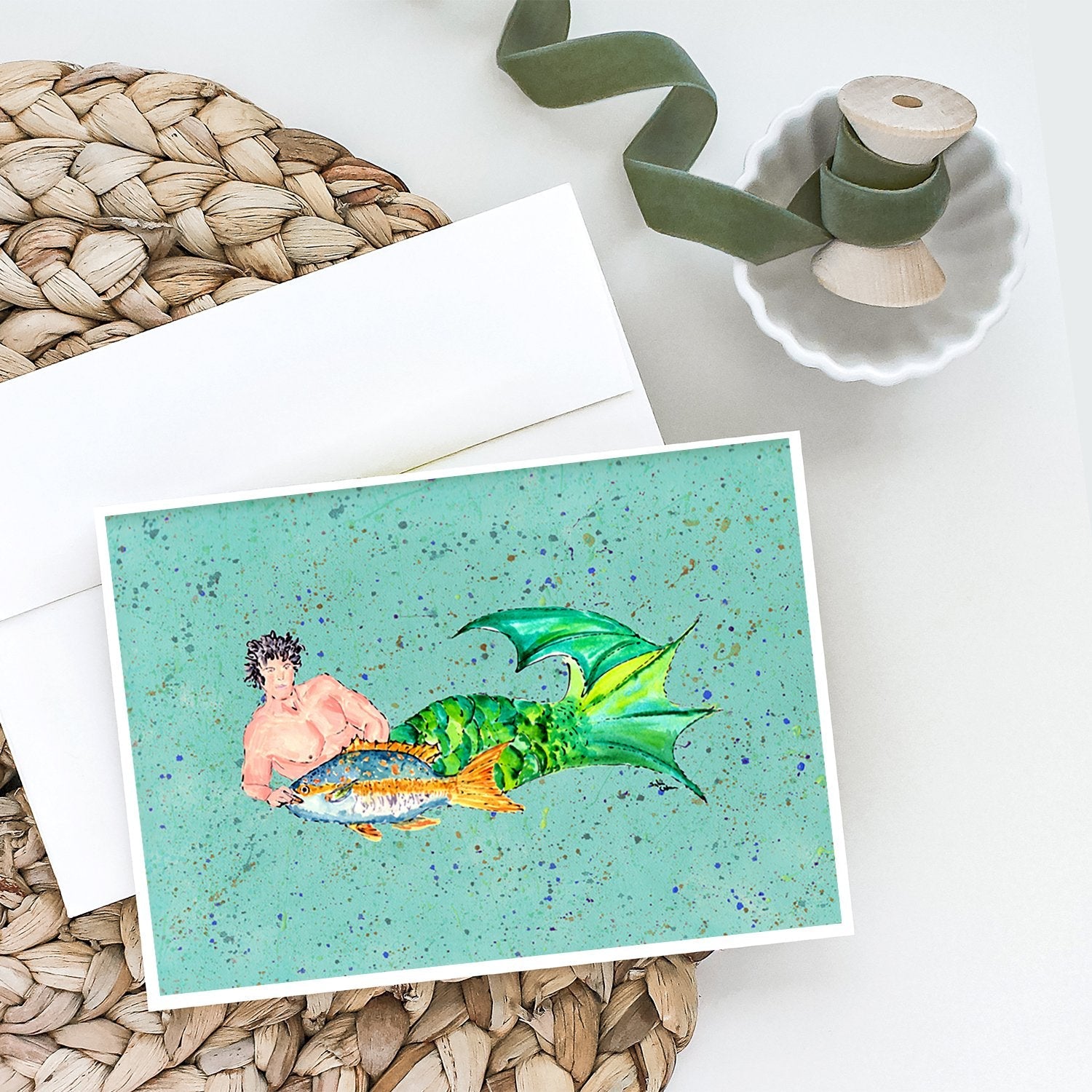 Black Haired Merman Greeting Cards Pack of 8 Blank Cards with Envelopes Whimsical A7 Size 5x7