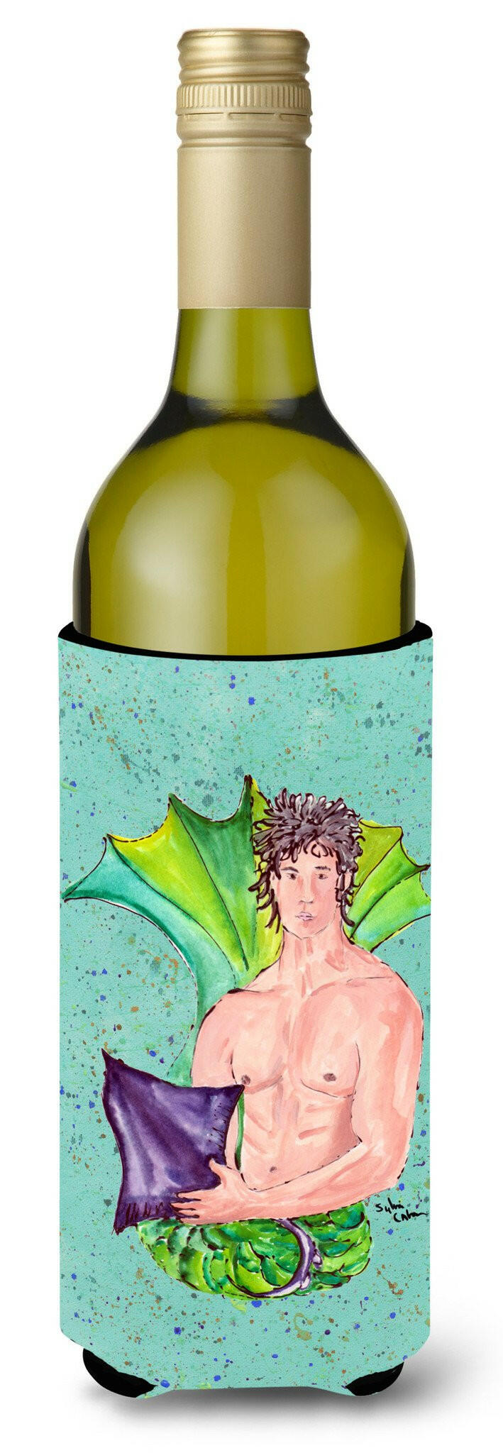 Black Haired Merman Wine Bottle Hugger Gift Sleeve for Standard 750 ml Bottles, Insulated Reusable Also Fits Mini Shot & Pint Bottles