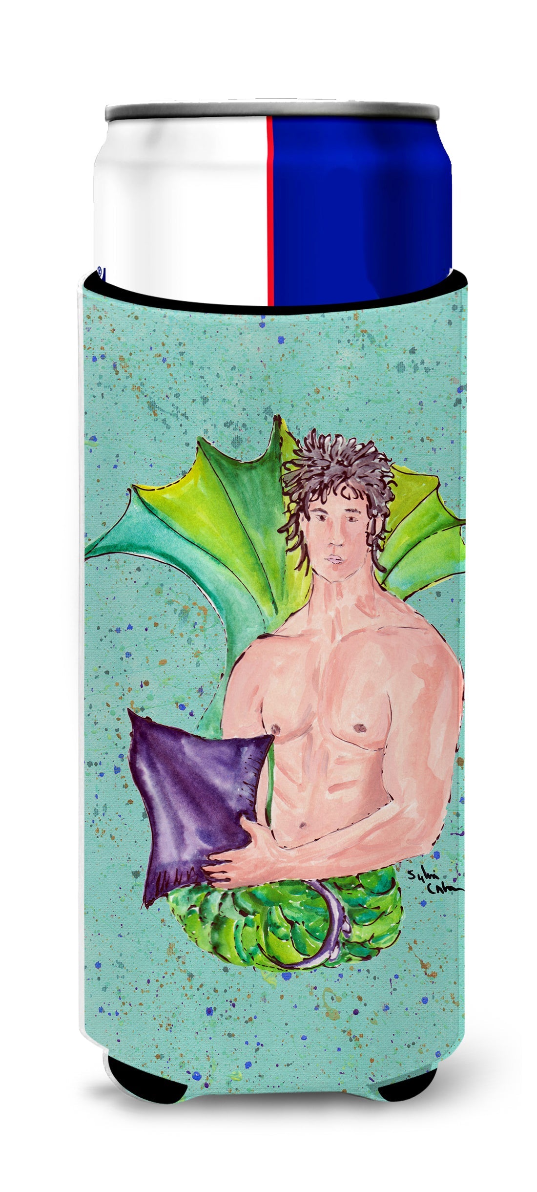 Black Haired Merman Slim Can Hugger , Insulated Foam Hugger for 12 oz Slim Cans, Beer Bottles & Water Bottles, Printed in USA