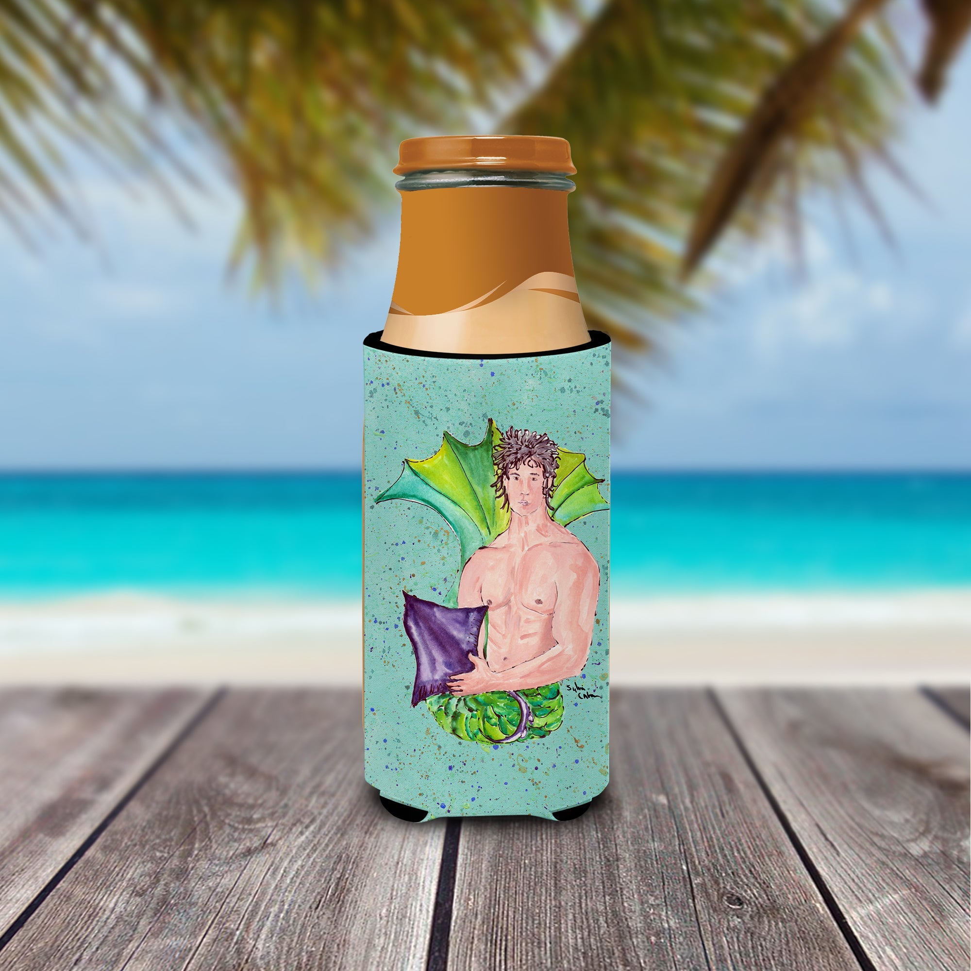 Black Haired Merman Slim Can Hugger , Insulated Foam Hugger for 12 oz Slim Cans, Beer Bottles & Water Bottles, Printed in USA