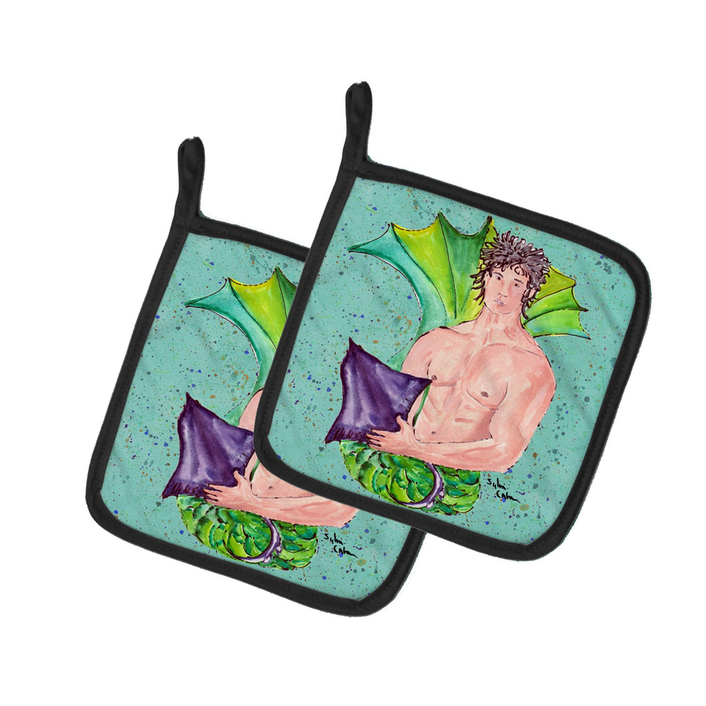 Black Haired Merman Pot Holder Set of 2 Heat Resistant Quilted Hot Pads 7.5 x 7.5 Inch, Insulated Kitchen Trivets for Cooking & Baking