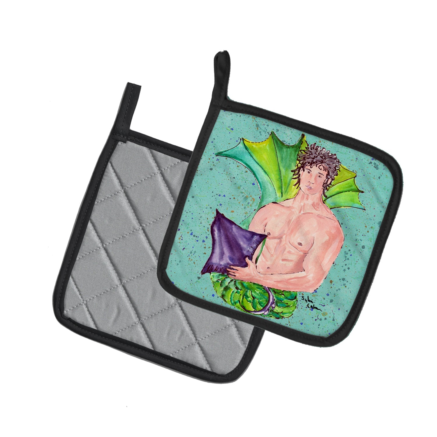 Black Haired Merman Pot Holder Set of 2 Heat Resistant Quilted Hot Pads 7.5 x 7.5 Inch, Insulated Kitchen Trivets for Cooking & Baking