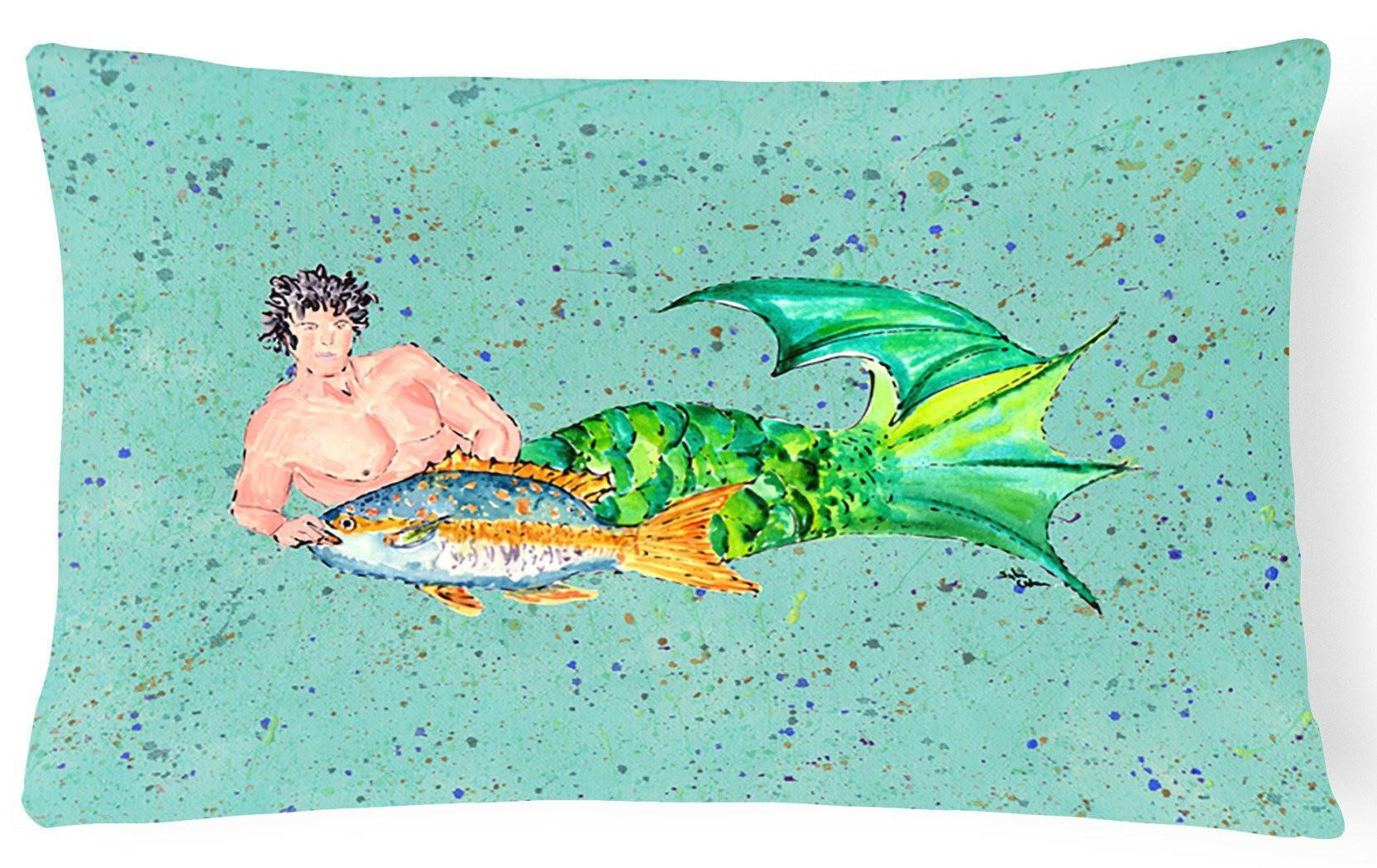 Black Haired Merman Decorative Throw Pillow 12x16 Indoor Outdoor Accent Cushion, Fabric Cover with Insert for Sofa, Bed, Porch & Living Room