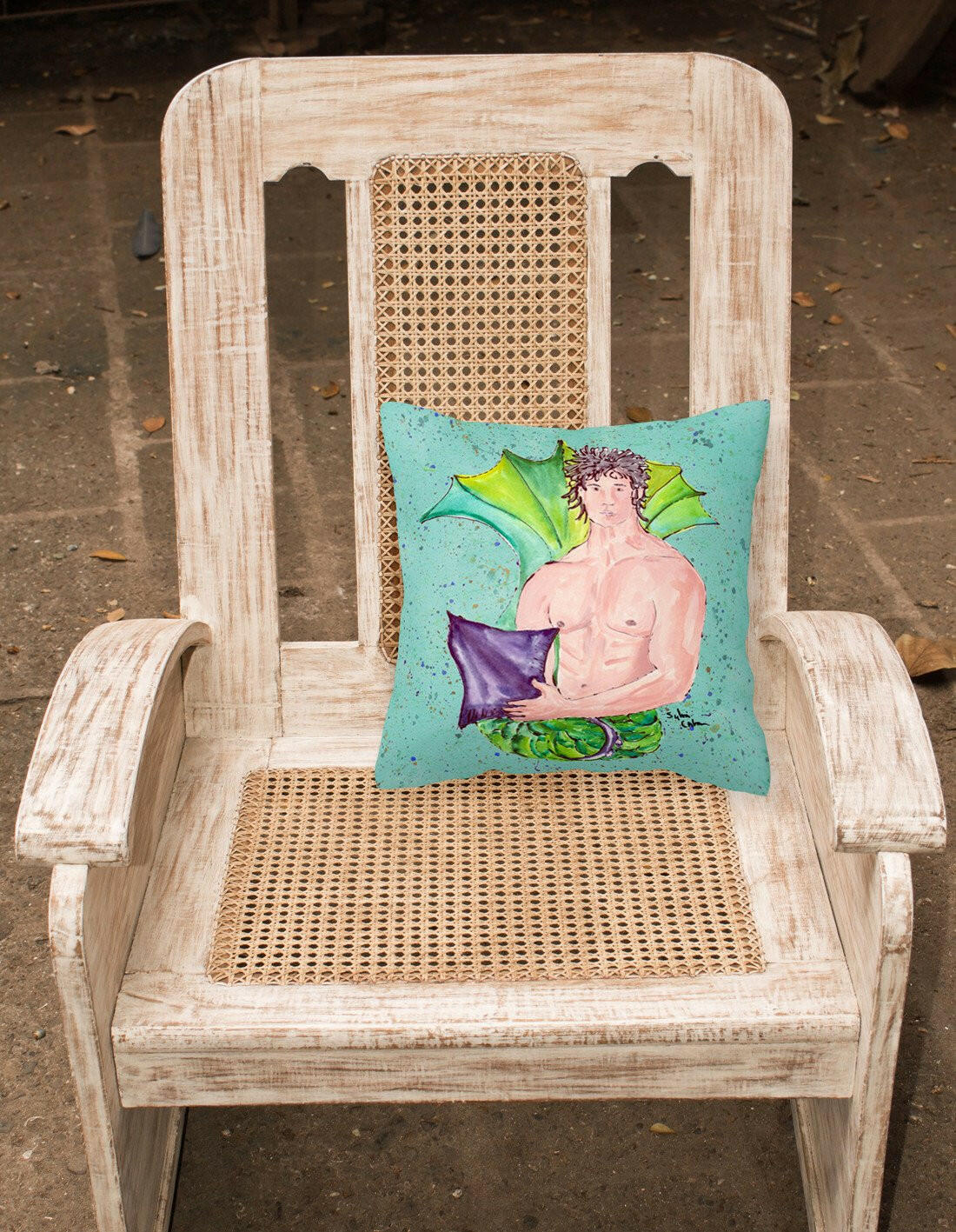 Black Haired Merman Decorative Throw Pillow 14x14 Indoor Outdoor Accent Cushion, Fabric Cover with Insert for Sofa, Bed, Porch & Living Room