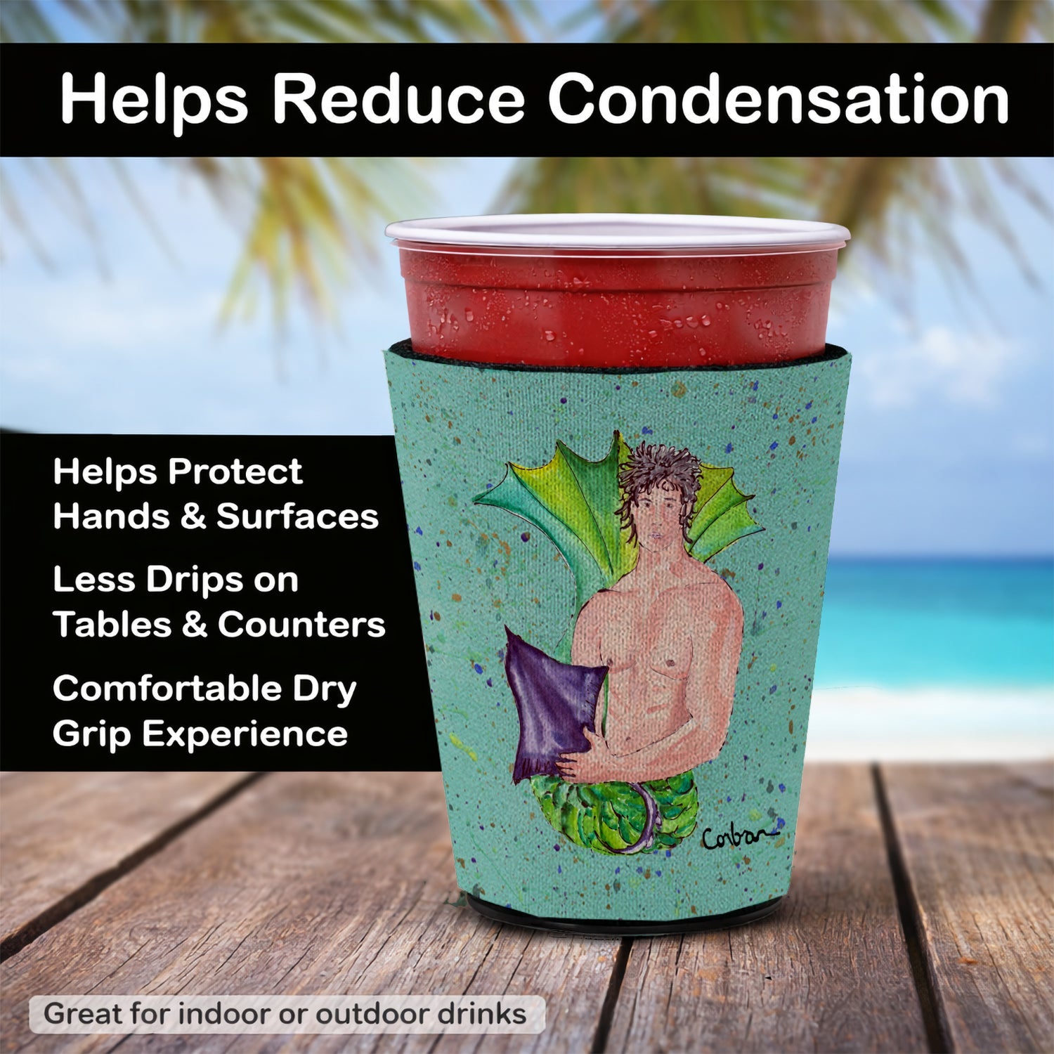 Black Haired Merman Red Cup Hugger Sleeve for 16–22 oz Party Cups, Insulated Foam Drink Holder for Iced Coffee, Tailgate & BBQ Reusable