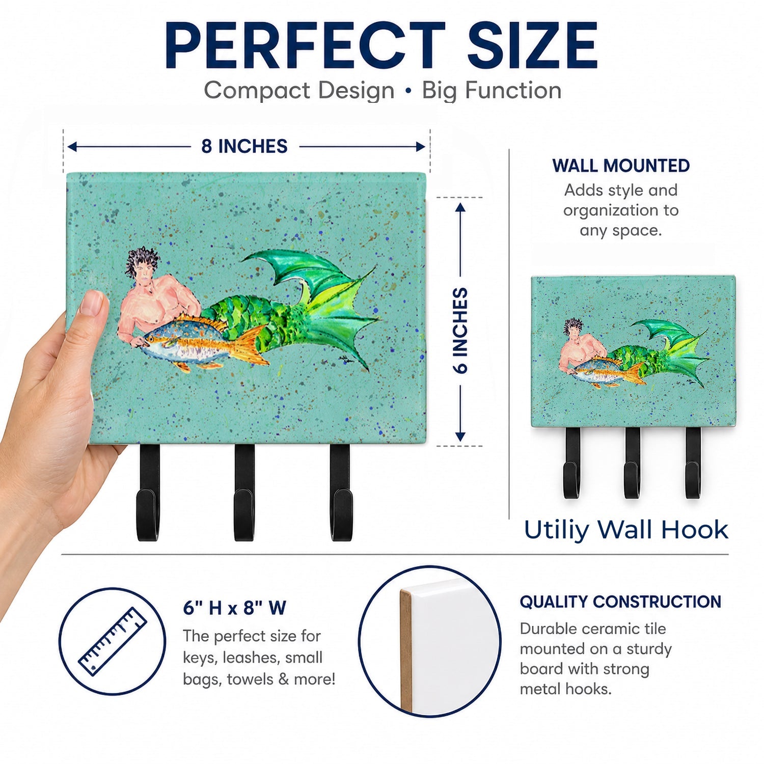 Black Haired Merman Leash or Key Holder Wall Hooks, Coat Rack Wall Mount, for Hanging Keys, Towels, Aprons, Leashes