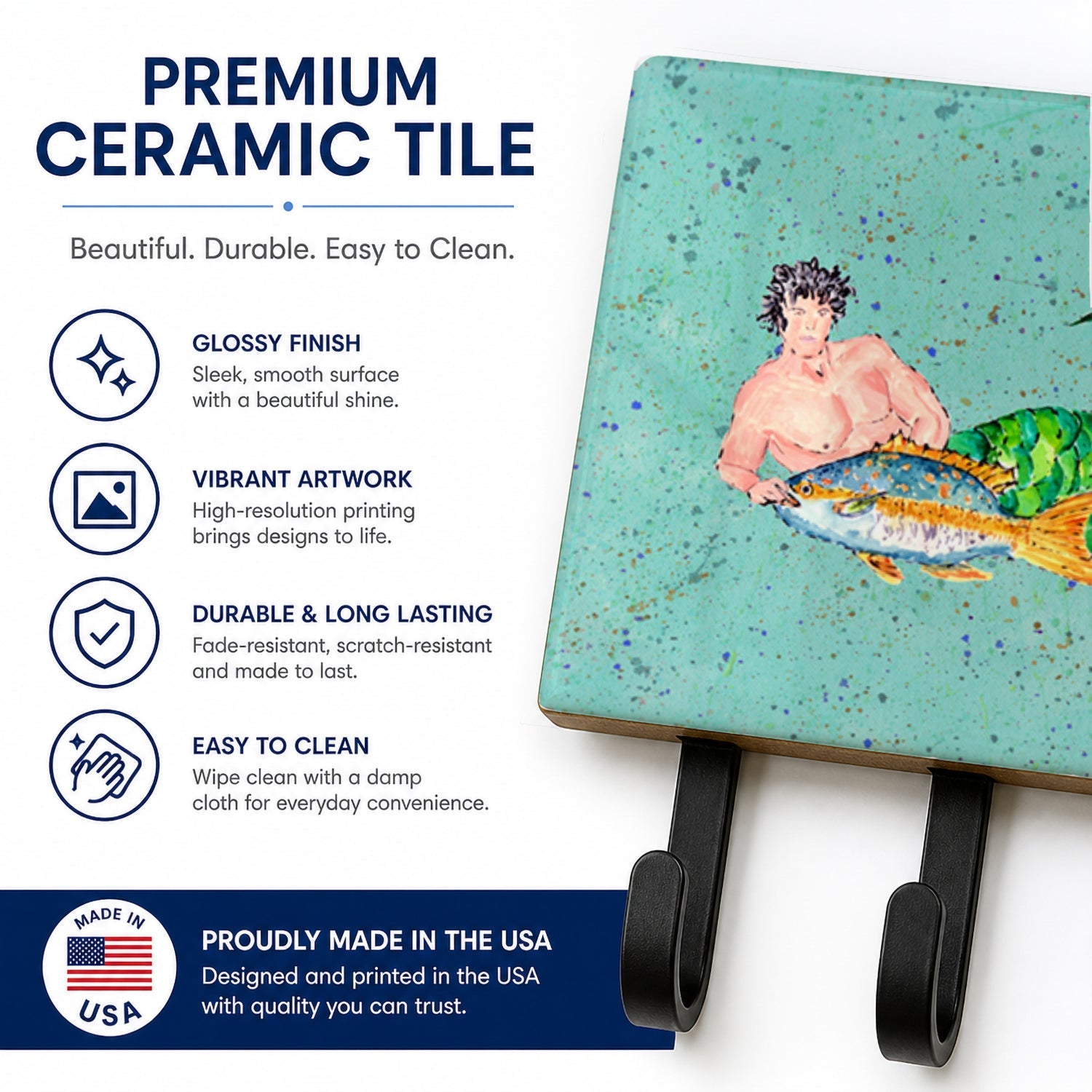 Black Haired Merman Leash or Key Holder Wall Hooks, Coat Rack Wall Mount, for Hanging Keys, Towels, Aprons, Leashes