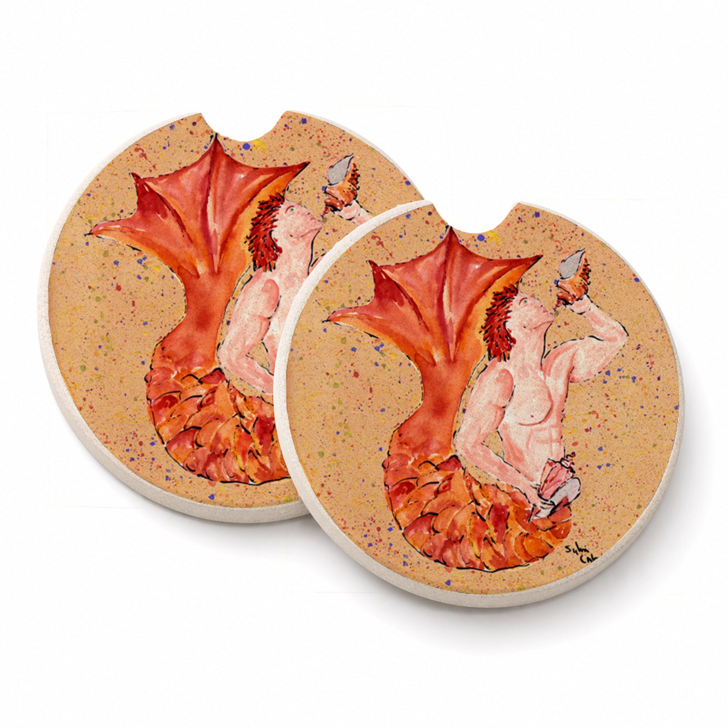 Red Headed Ginger Merman Set of 2 Cup Holder Car Coasters Absorbent Round Sandstone Coasters Gifts for Men or Women, 2.5, Multicolor