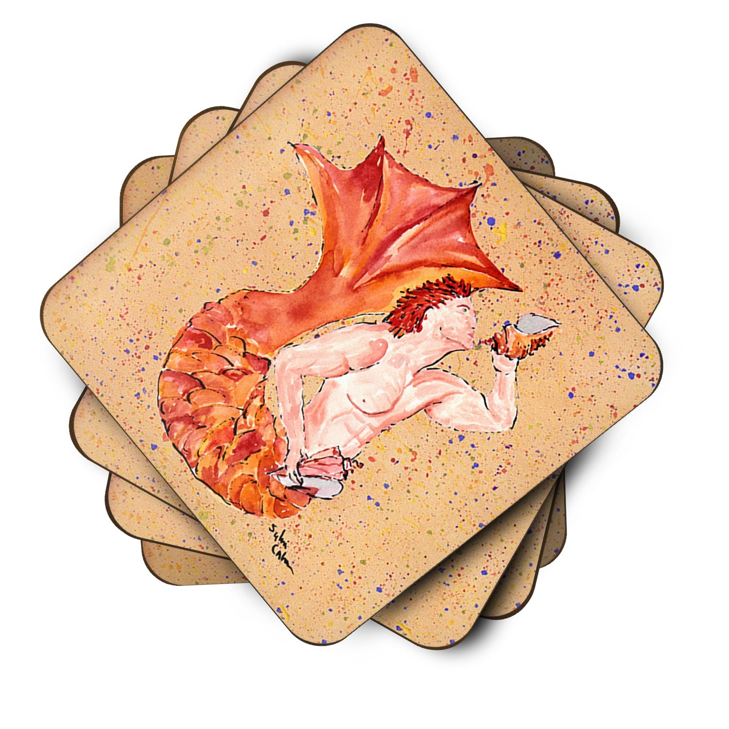 Red Headed Ginger Merman Foam Coasters Set of 4 Cup Coasters for Indoor Outdoor, Tabletop Protection, Anti Slip, Mouse pad Material