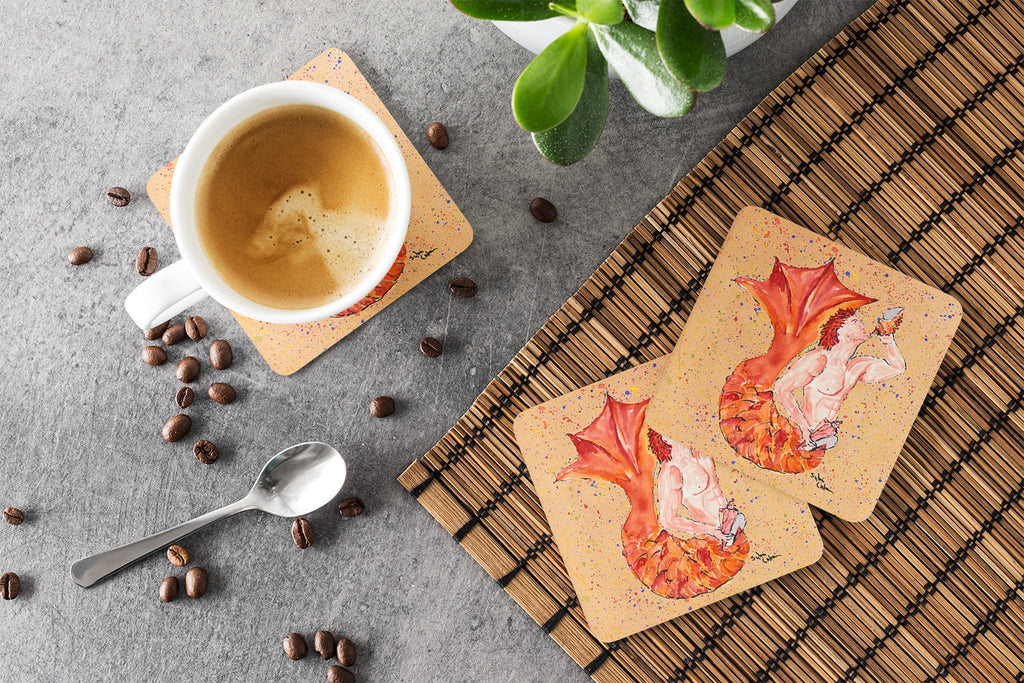 Red Headed Ginger Merman Foam Coasters Set of 4 Cup Coasters for Indoor Outdoor, Tabletop Protection, Anti Slip, Mouse pad Material