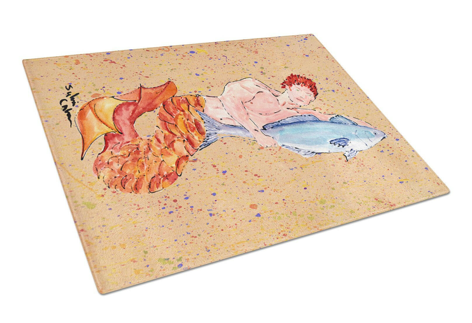 Red Headed Ginger Merman Cutting Board Tempered Glass Kitchen Cutting Surface, Heat Resistant Chopping, Non-Slip Feet, Food Prep & Serving