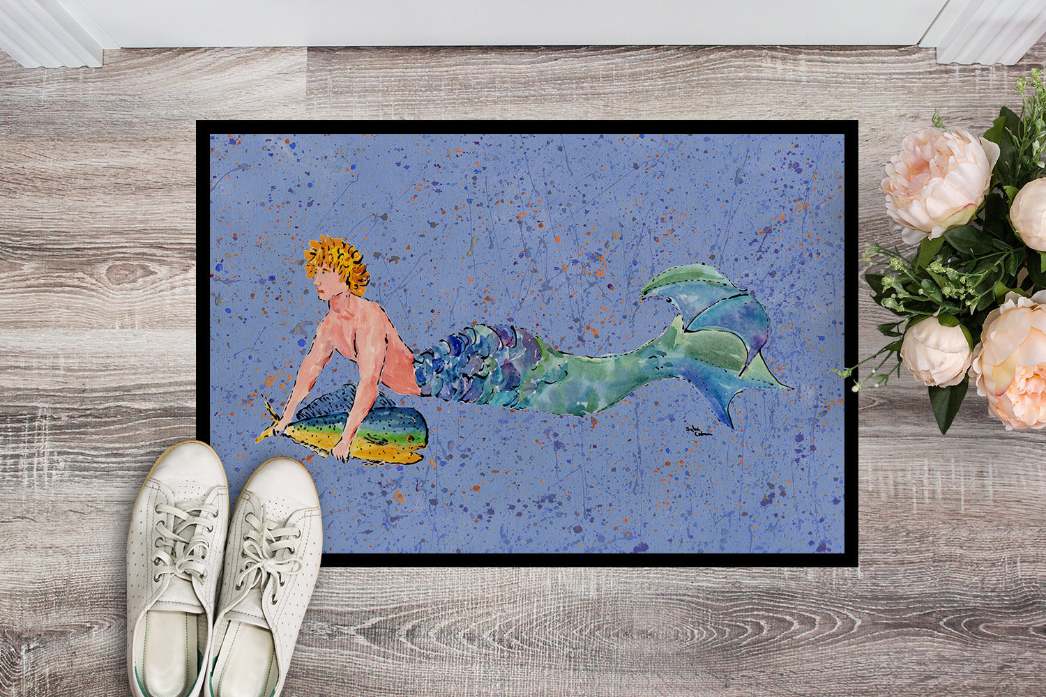Blonde Merman Doormat Indoor Outdoor 24H X 36W Front Door Mat Rugs for Entryway, Non Slip Washable Low Pile,