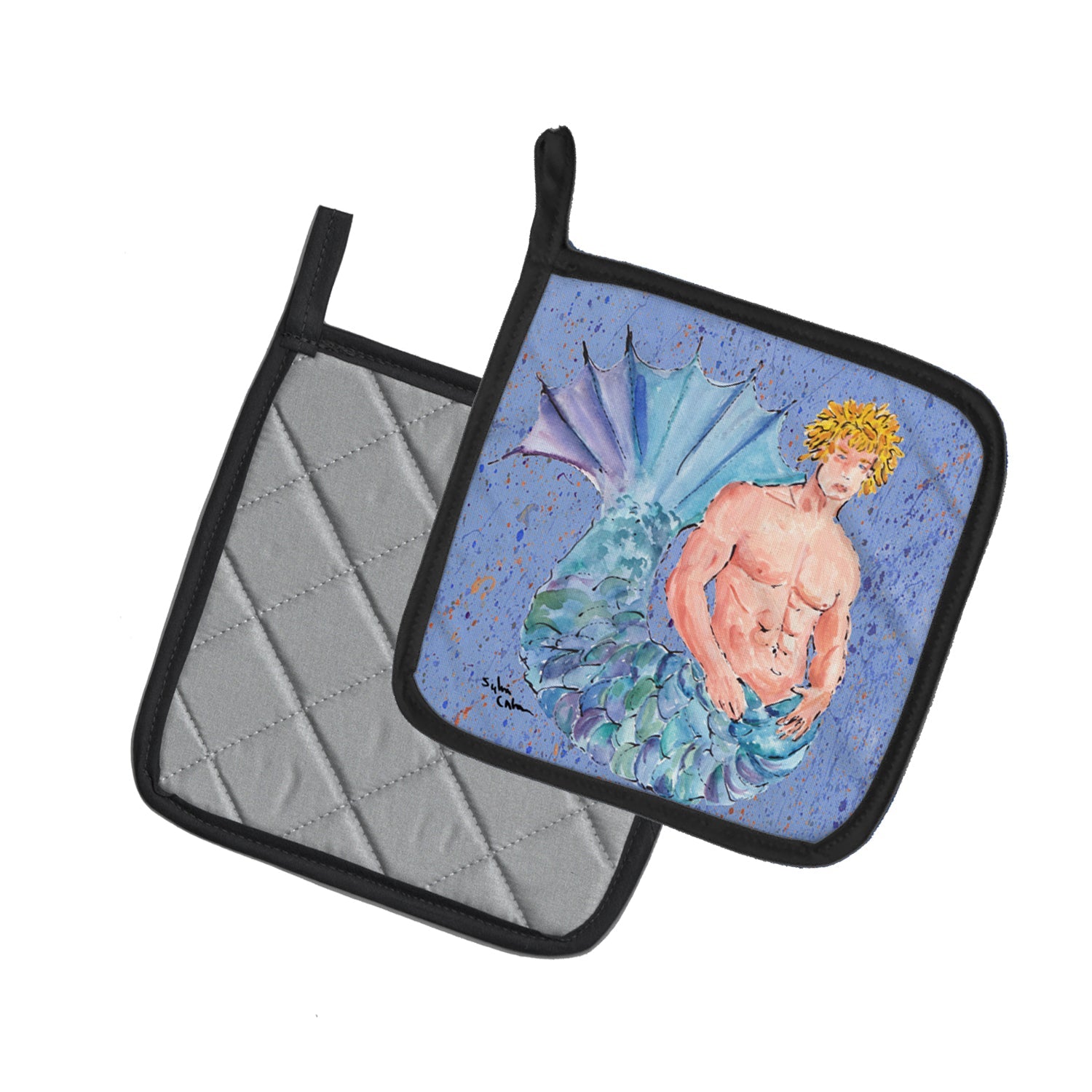 Blonde Merman Pot Holder Set of 2 Heat Resistant Quilted Hot Pads 7.5 x 7.5 Inch, Insulated Kitchen Trivets for Cooking & Baking