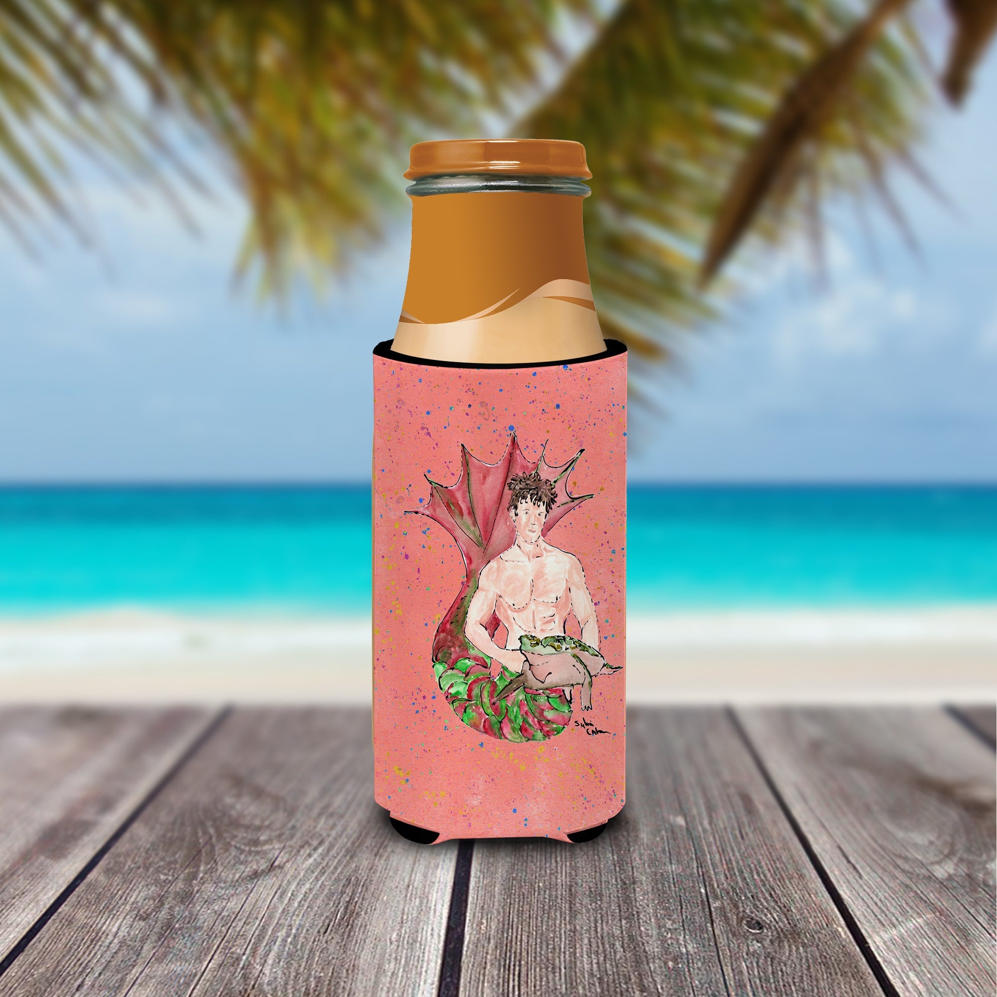 Brunette Merman Slim Can Hugger , Insulated Foam Hugger for 12 oz Slim Cans, Beer Bottles & Water Bottles, Printed in USA