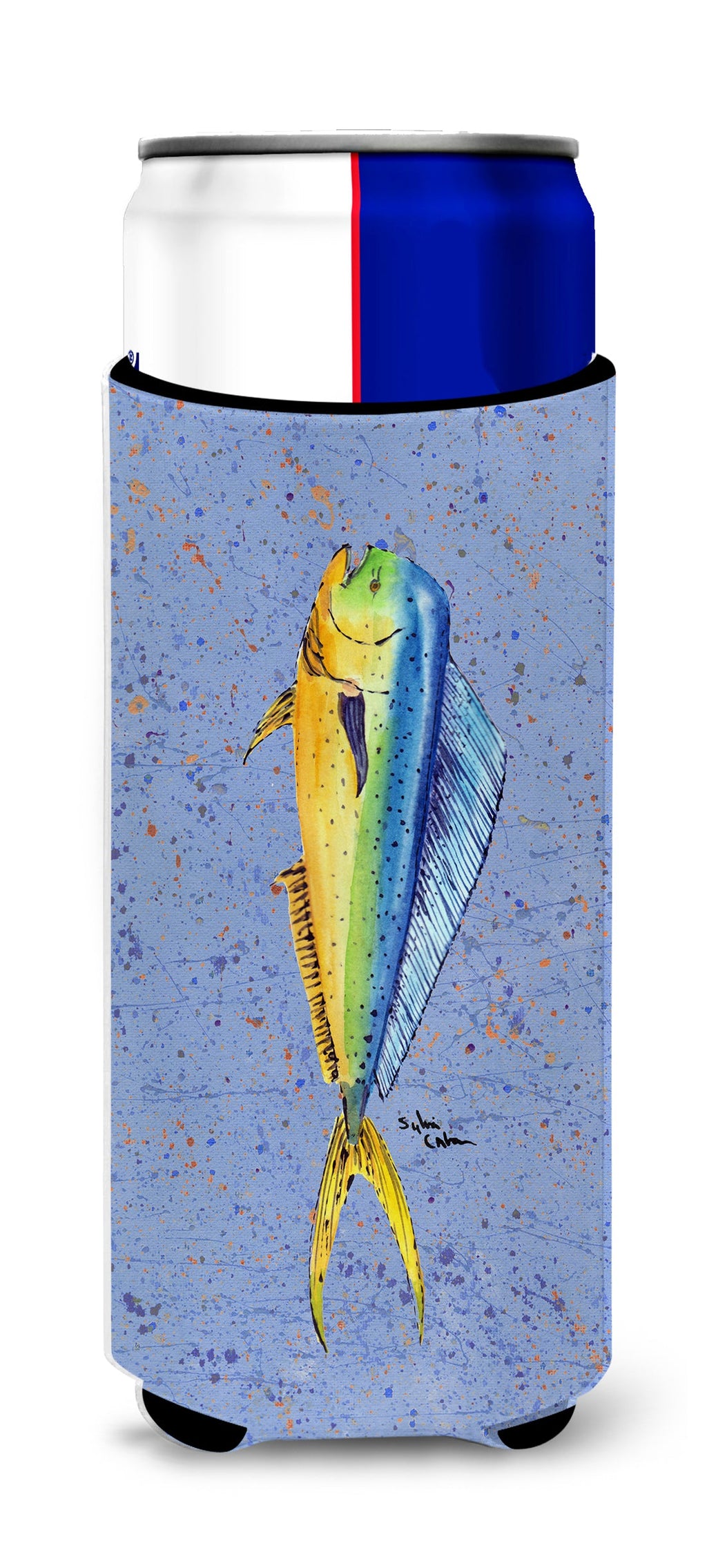 Fish Dolphin Slim Can Hugger , Insulated Foam Hugger for 12 oz Slim Cans, Beer Bottles & Water Bottles, Printed in USA