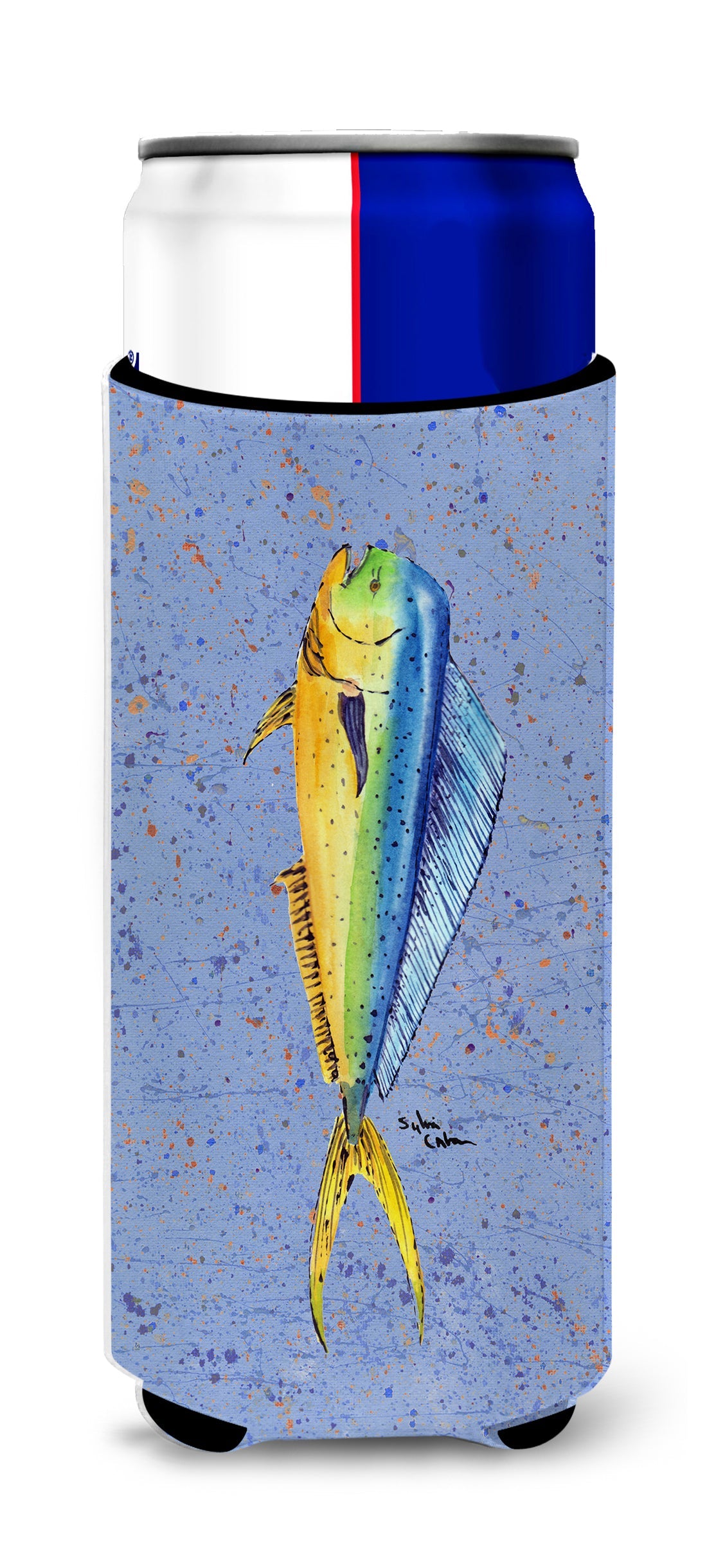 Fish Dolphin Slim Can Hugger , Insulated Foam Hugger for 12 oz Slim Cans, Beer Bottles & Water Bottles, Printed in USA